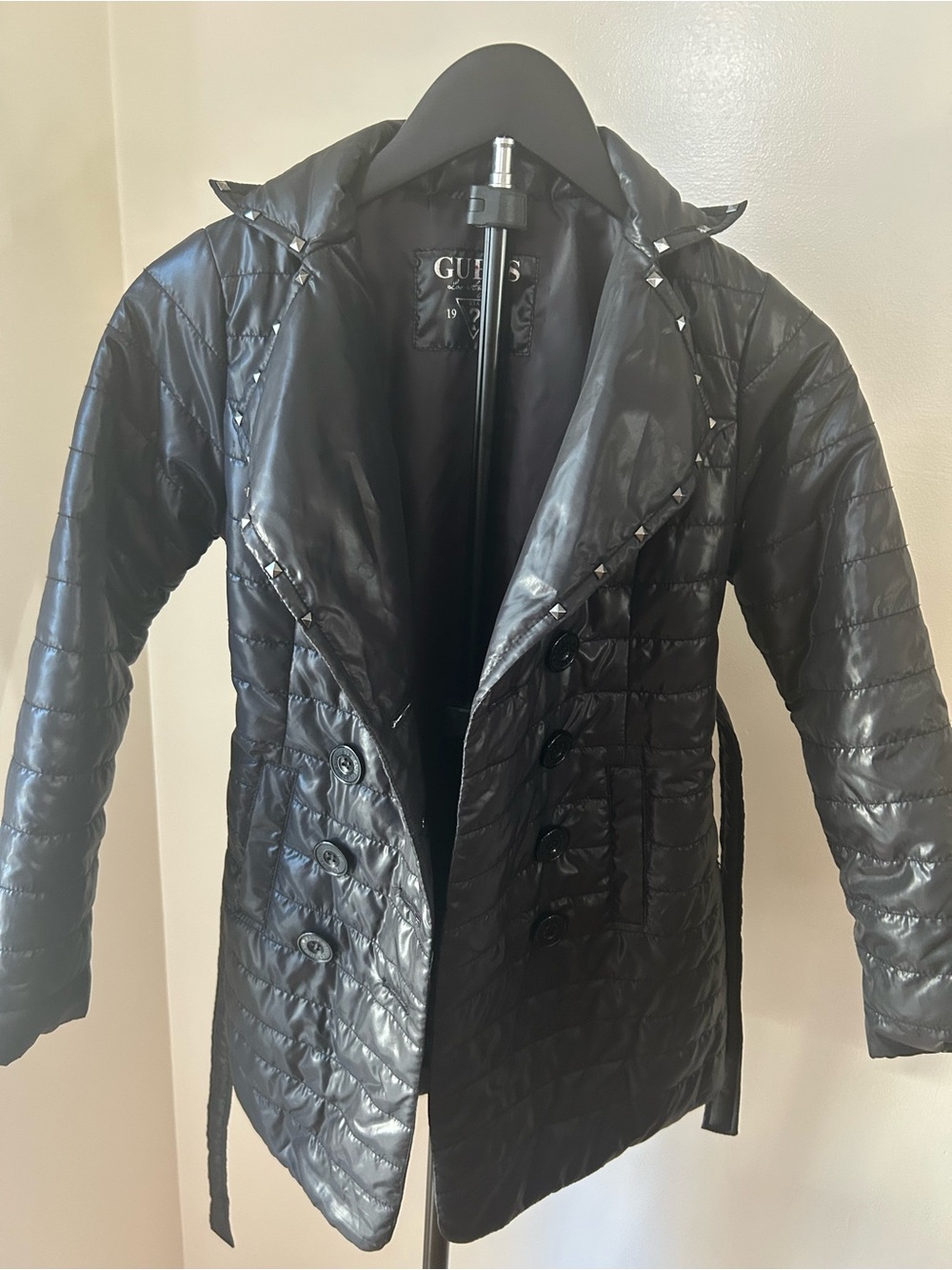 GUESS Black Quilted Double-Breasted Puffer Coat with Stud Trim